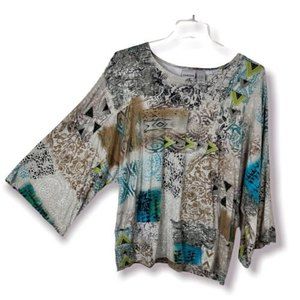 Chico’s Size 2 Large Bell Sleeve Animal Print Slinky Tunic Top Stretch Viscose